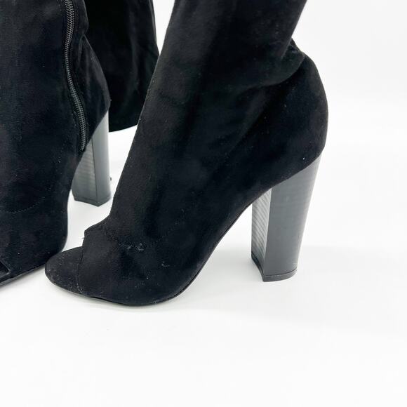 Olivia Fargiano Womens 6 Over the Knee Peep Toe Sueded Fabric Heeled Boot Black - Picture 3 of 8